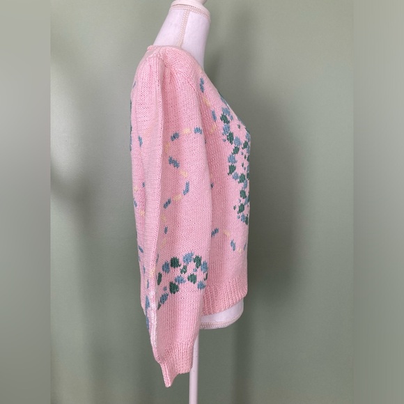Vintage Berek Hand Knit Sweater Floral Pink Design 100% Cotton Fairy Kei Cottage - Picture 4 of 10